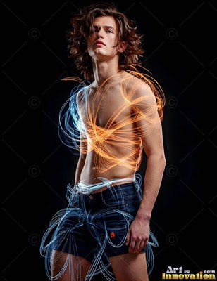 Young man with a bare chest wrapped in blue and orange light trails