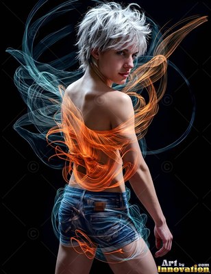 Turned away in the dark, a man with no shirt in denim shorts is ringed by orange light