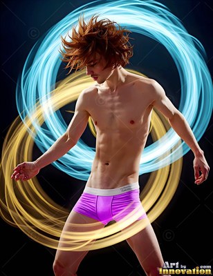 A bare-chested man in purple trunks poses inside loops of blue and yellow light
