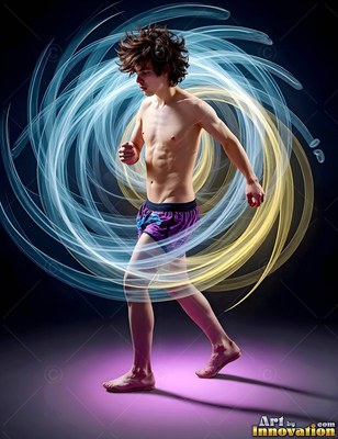 Walking in place, a bare-chested young man pauses inside swirling loops of blue and trails of yellow light