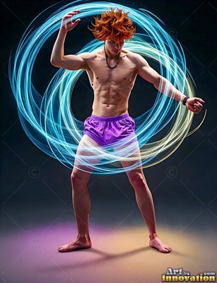 A man without a shirt in purple shorts standing inside loops of bright blue light