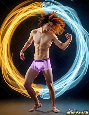 Purple boxer briefs on a man posing inside yellow and blue light trails on black