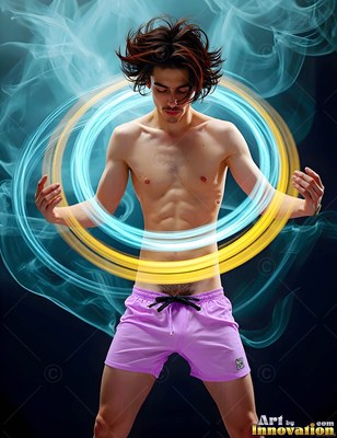 Standing shirtless in the dark, a man is circled by rings of blue and yellow light