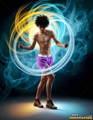 A bare-chested man dances inside bright loops of blue and trails of yellow light
