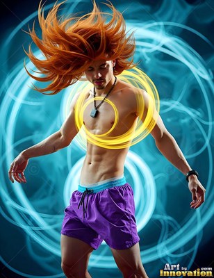 Against bright blue light swirls, a man with orange hair wears bright purple shorts