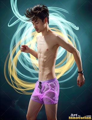 Man with no shirt in purple shorts posing before loops of light