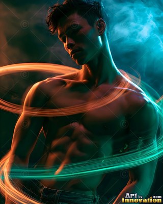 A bare-chested man stands still as swirling orange and green streaks of light circle his torso