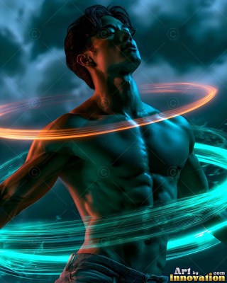 Head tilted back outdoors, a man with no shirt turns inside rings of orange and teal light