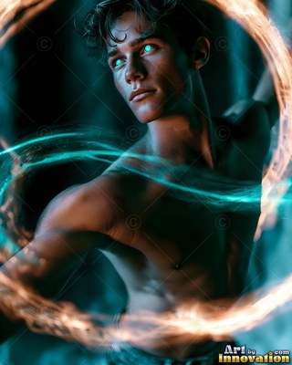 A young man without a shirt stands inside curving trails of blue and gold trails of light
