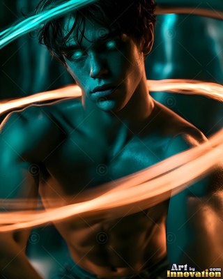 In the dark, a young man with no shirt sits inside loops of bright orange light