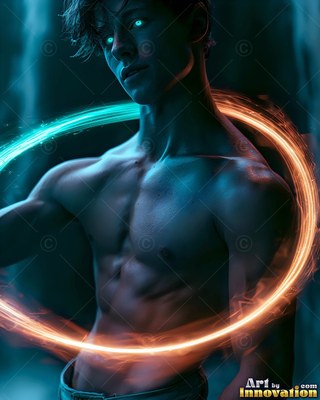 Standing still, a bare-chested young man is ringed by blue and orange light ribbons