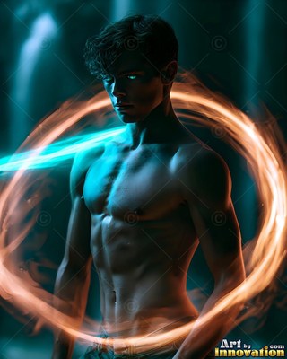 Shirtless young man circled by loops of orange and blue light