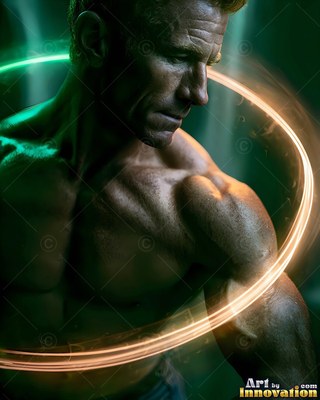 A muscular bare shoulder on a bare-chested man encircled by looping streaks of yellow light against dark green smoke