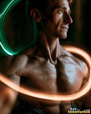 A muscular man stands still as warm gold and green light trails curve around his bare chest