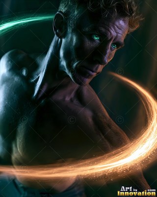 Leaning forward in dark space, a bare-chested man with trails of gold and green light