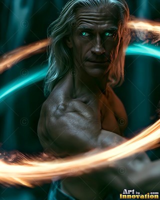 A man with no shirt with long gray hair stands encircled by loops of teal and gold light