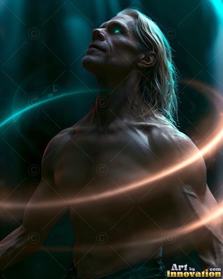 In the dark, a bare-chested man looks up encircled by rings of bright light