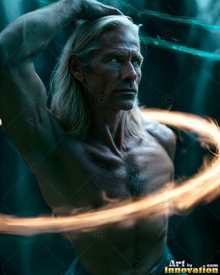 Touching his hair, a bare-chested blond man stands inside a bright ring of gold light