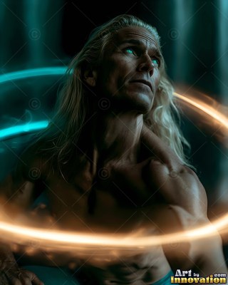 A shirtless blond man looking up inside rings of gold and blue light