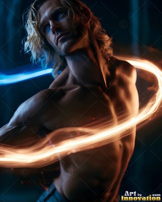 Blond hair falls around a man with no shirt circled by streaks of light in the dark