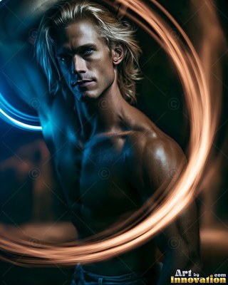 Turned sideways in the dark, a man with no shirt is encircled by gold light loops