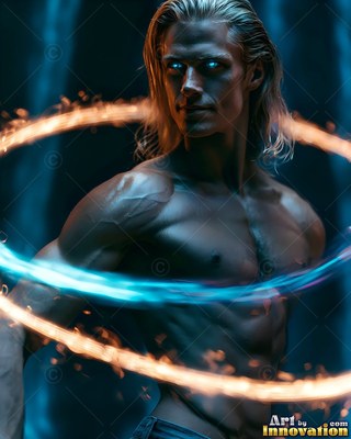A shirtless blond man is standing with rings of blue and orange light around him