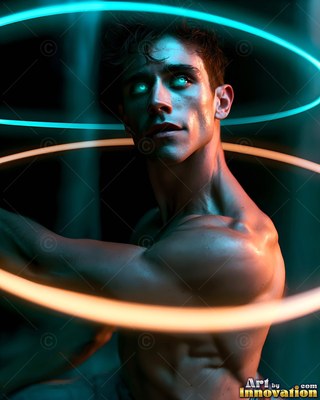 In the dark, a man with a bare chest looks up inside rings of blue and warm light