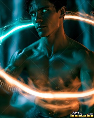 Standing still, a shirtless man is encircled by bright rings of teal and orange light