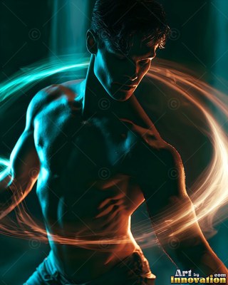 Man with no shirt circled by rings of blue and golden light