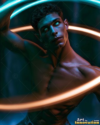 Short dark curls top a man with no shirt in the dark, wrapped in curving loops of gold and bright blue light