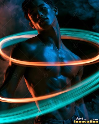 A shirtless man stands still as bright orange and cyan light ribbons spiral around his torso