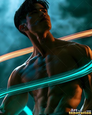 Turned sideways in the dark, a man with no shirt is encircled by blue and gold light trails