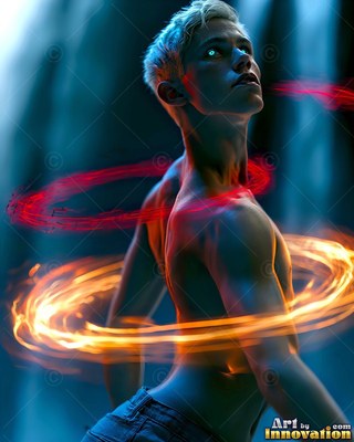 A young man without a shirt looks up while rings of orange and red light spin around him