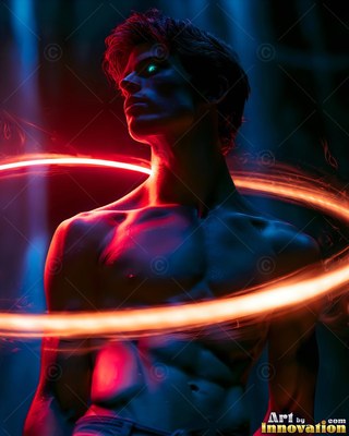 In the dark, a shirtless man stands encircled by an orange ring of light