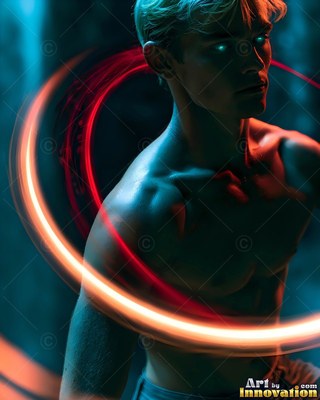 Looking aside, a young man with a bare chest stands inside circles of orange light