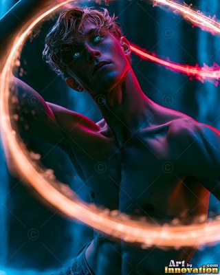 Man looking up inside a ring of bright orange light