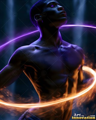 Bare-chested man encircled by purple and gold rings of light in the dark