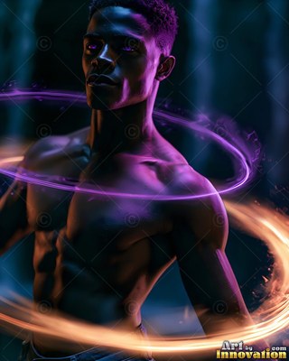 A shirtless man stands still as loops of purple and golden light swirl around his chest