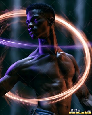 Turned in dark space, a shirtless man is ringed by bright gold and purple light rings