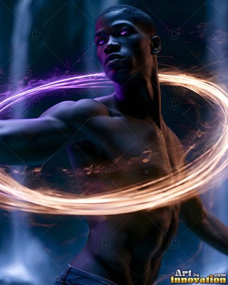 A man with no shirt stands inside swirling rings of gold and purple light