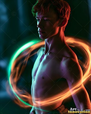 In the dark, a young man with a bare chest stands encircled by green and orange light rings