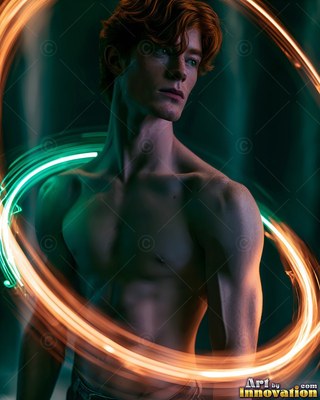 Standing motionless, a shirtless redheaded man is circled by trails of orange light