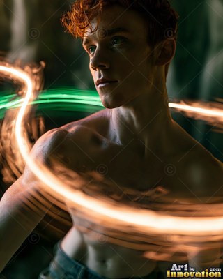 A shirtless man encircled by trails of orange light