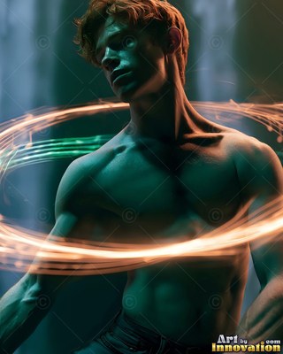 Red hair tops a shirtless man encircled by looping bright yellow light in a dark space
