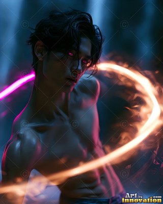 A man with no shirt looks down as a curved ribbon of orange light circles his chest
