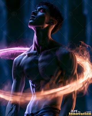 Looking upward in the dark, a man without a shirt is circled by pink and gold light