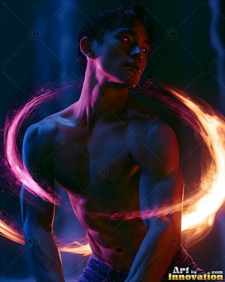 A shirtless man poses in dark blue shadows with a ring of fiery light around his chest