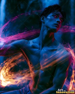 In the dark, a bare-chested man holds still inside swirls of pink and orange light
