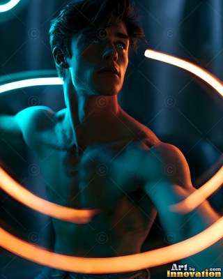 Looking to the side, a young man with no shirt stands encircled by orange and bright blue loops of light