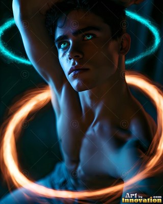 A shirtless man circled by blue and orange light rings